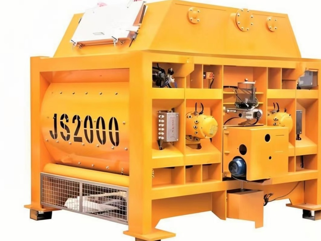 JS2000 twin shaft mixer used in HZS120 concrete batching plant configuration