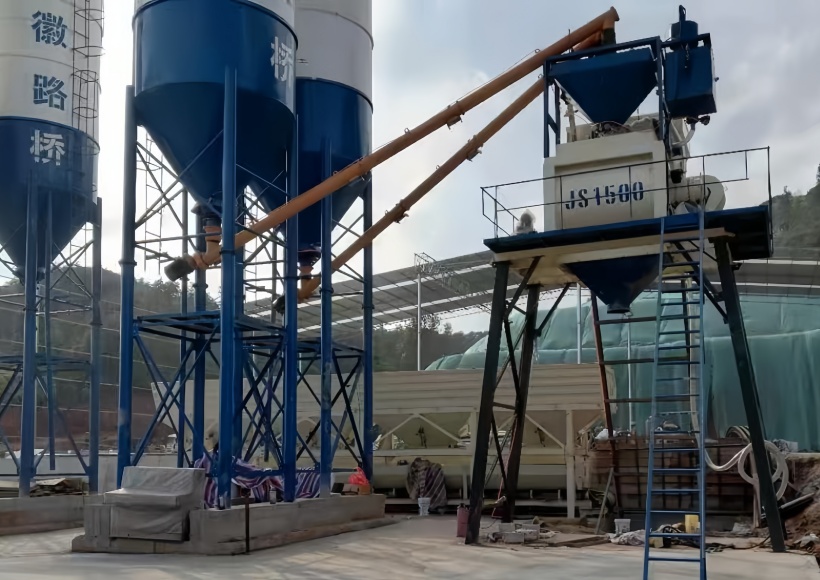 HZS75 concrete batching plant with JS1500 twin-shaft mixer at TX Machinery factory