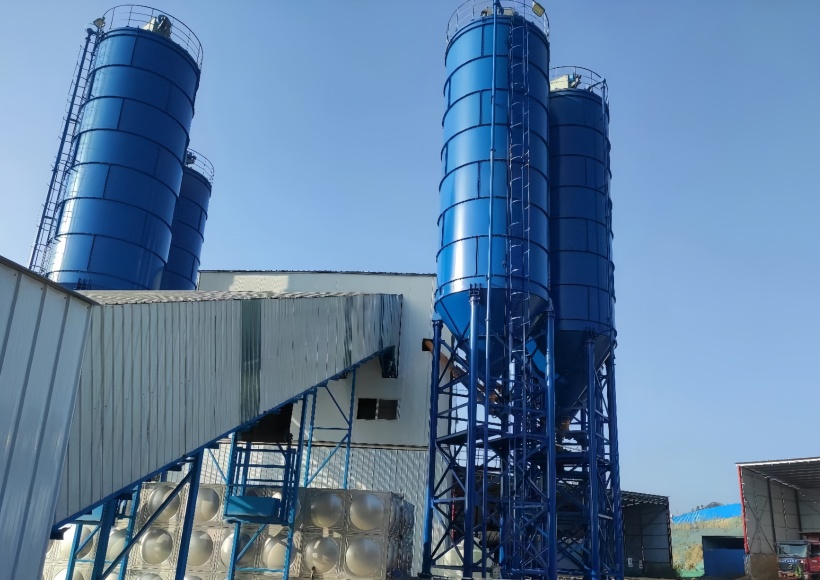 HZS90 Concrete Batching Plant Power Transformer: cement silos at a Tongxin Machinery overseas project site