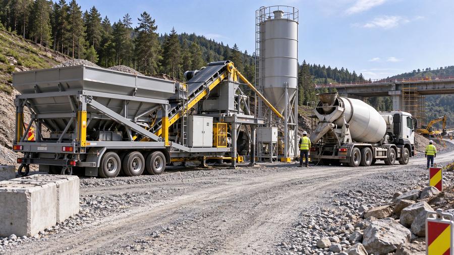 no-foundation concrete mixing plant: containerised modules ready for transport