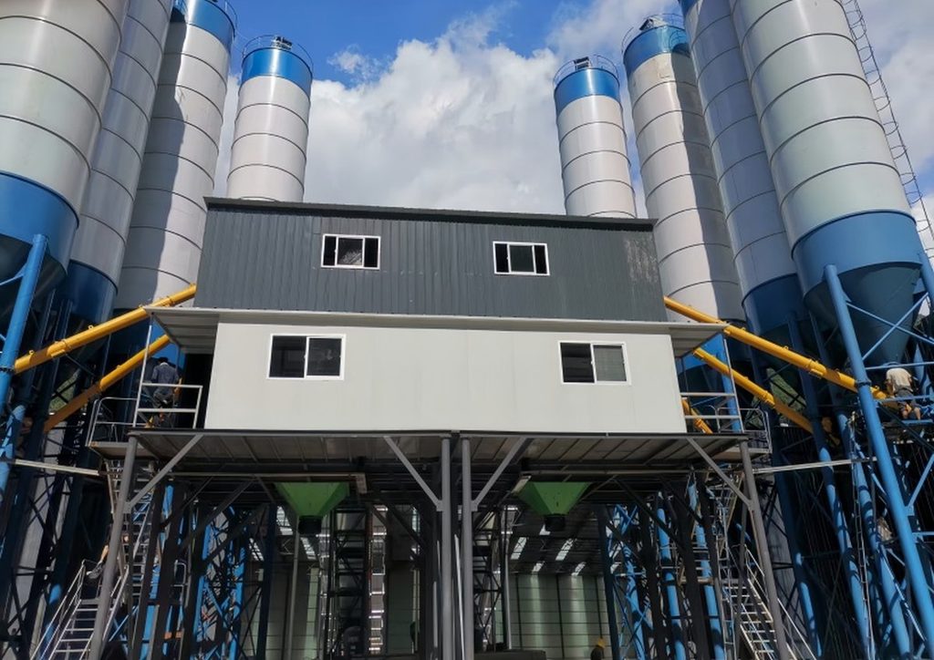 HZS90 concrete batching plant operation room and cement storage silos with control system