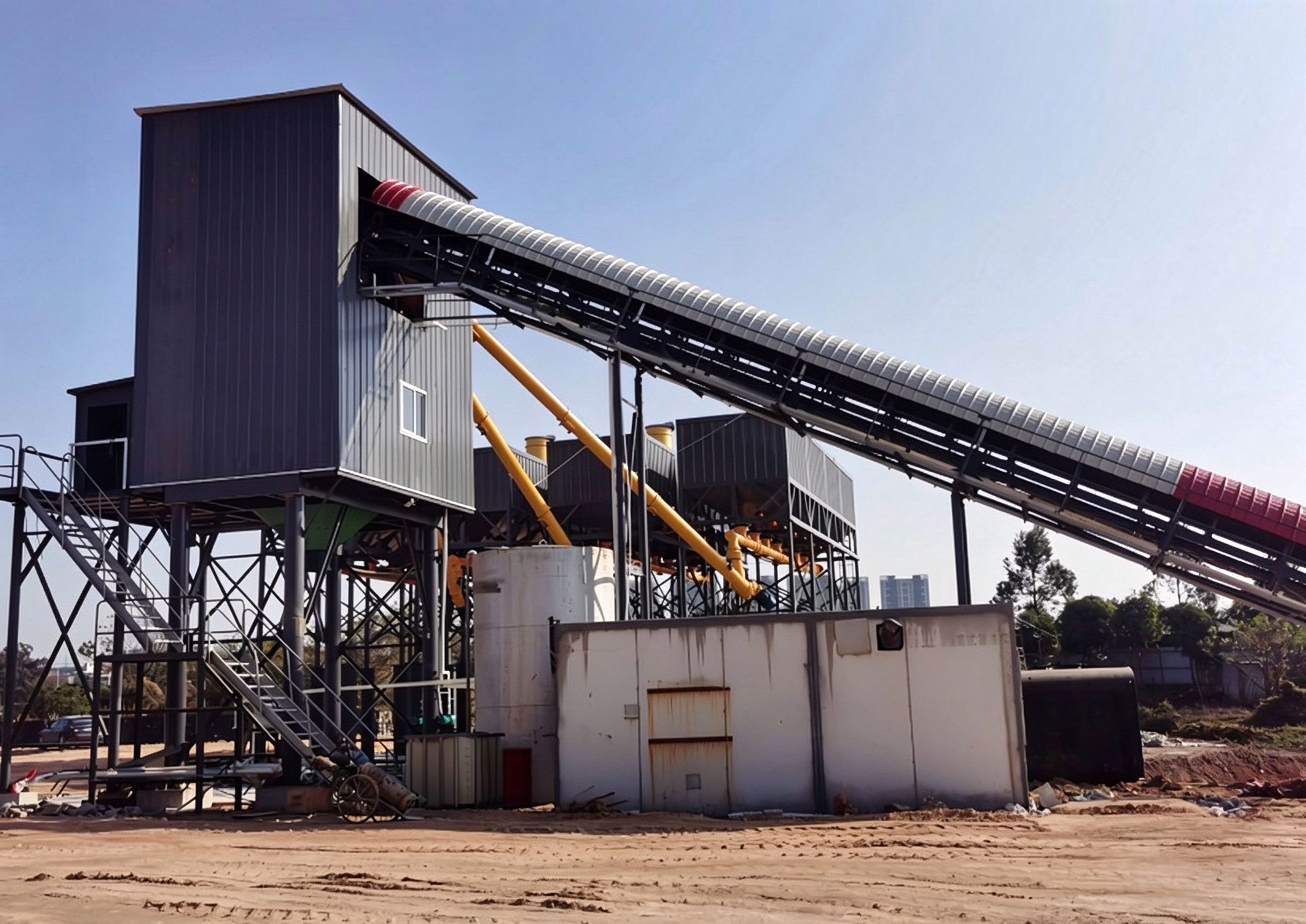 inclined belt conveyor feeding aggregate on a batching plant